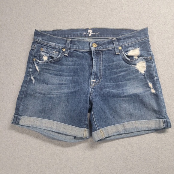 7‎ For All Mankind Relaxed Mid Roll Short Womens 28 Blue Cuffed Denim - Picture 1 of 9